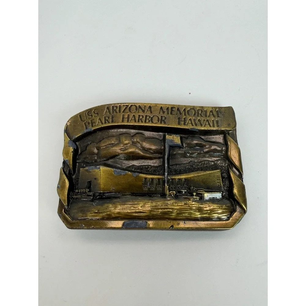 Bergamot Brass Works Belt Buckle USS Arizona Memorial Pearl Harbor Hawaii 1985